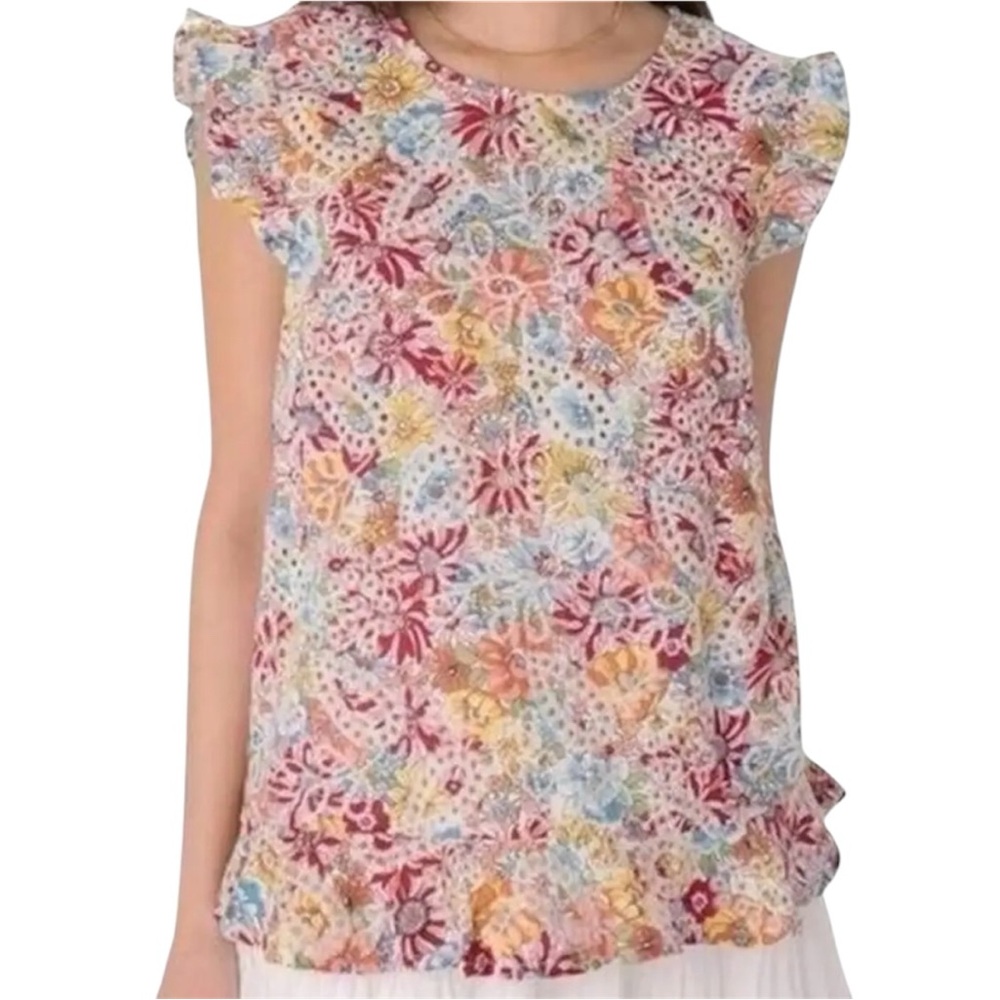 Solitaire | Red Floral Eyelet Ruffle Tank Top Size L